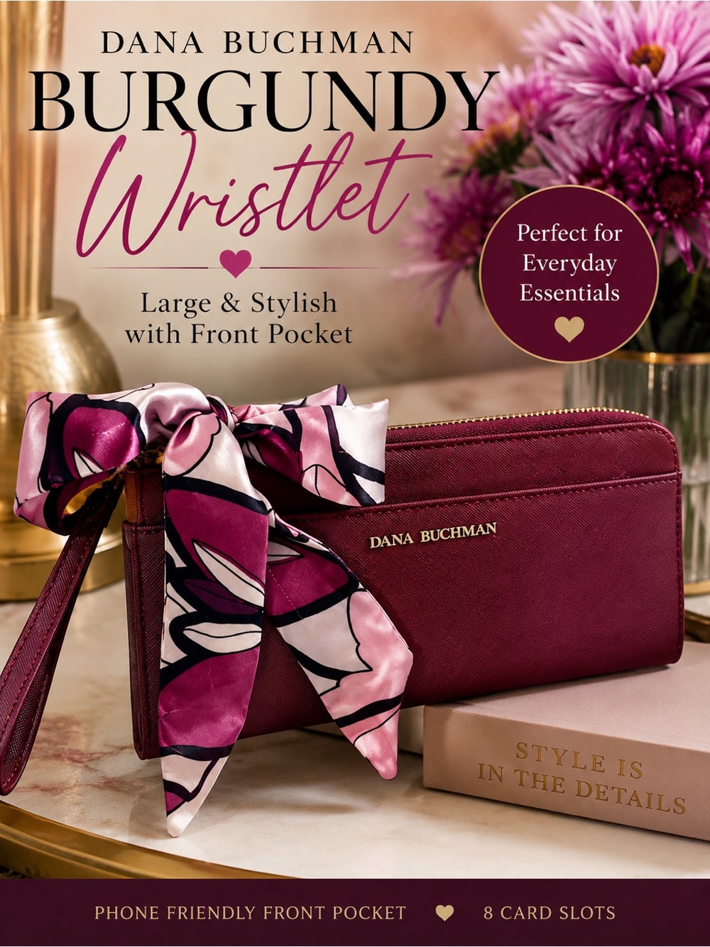 Dana Buchman LARGE Burgundy Wristlet/ Built-in Wallet 9 x 5 x 1"
